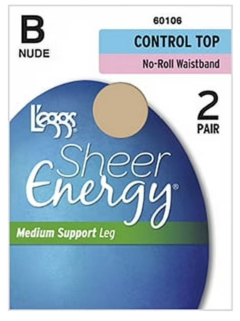 NWT Sheer Energy Medium Support Pantyhose Control Top Nude 2/Pk Sz B